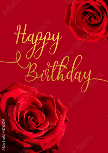 Beautiful rose on red background with title "Happy Birthday"