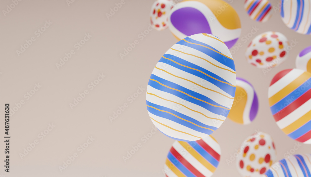 Easter composition with levitation 3d rendering colorful egg. Happy easter creative banner with falling eggs on beige background. 3d render illustrative with selective focus.