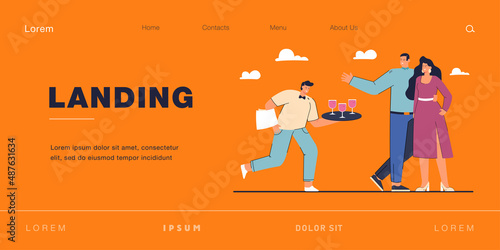 Cartoon waiter offering wine to couple in formal clothes. Staff serving man and woman on social event flat vector illustration. Restaurant service, celebration concept for banner or landing web page