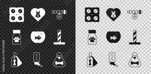 Set Dog pill, Heart with dog, Collar name tag, collar bone, Drinker for small pets, Medicine bottle and pills and Aquarium fish icon. Vector