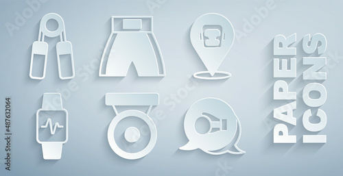Set Boxing gong, helmet, Smart watch with heart, glove, short and Sport expander icon. Vector