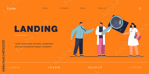 Doctor and patient examining X-ray flat vector illustration. Therapist in medical overall holding magnifier. Hospital, human body, radiology concept for banner, website design or landing web page