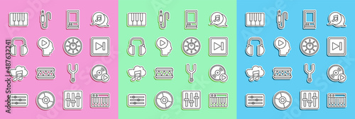 Set line Music synthesizer, Vinyl disk, Fast forward, Voice assistant, Head people with play button, Headphones, and Dial knob level technology settings icon. Vector