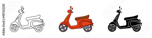 Simple flat icons of european retro scooter. Outline, colourful and silhouette vector illustration