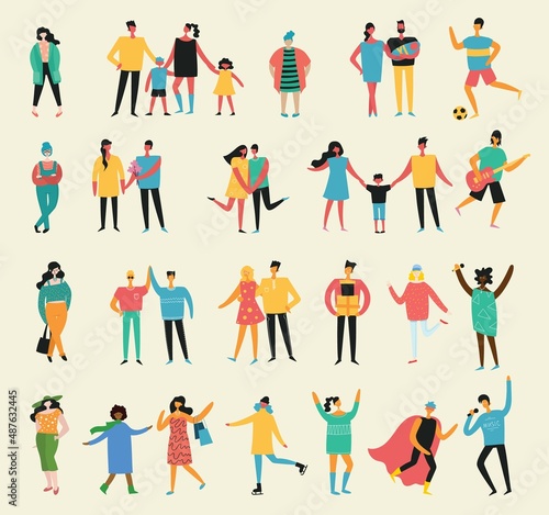 Concept of young people walking, running and jumping in the park. Stylish modern vector illustration card with male and female teenagers