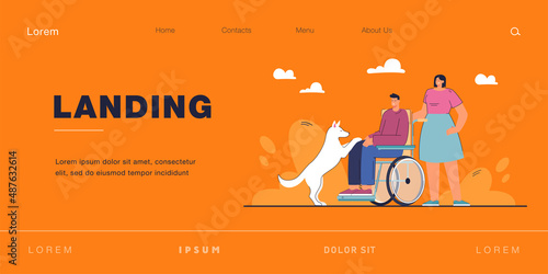 Dog next to disabled man on wheelchair. Woman helping handicapped person playing with domestic animal flat vector illustration. Disability, pets concept for banner, website design or landing web page