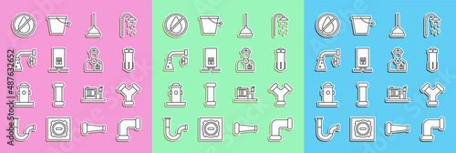 Set line Industry metallic pipe, Water filter, Rubber plunger, Gas boiler with burning fire, tap, drop forbidden and Plumber icon. Vector