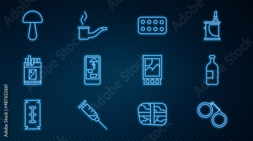 Set line Handcuffs, Alcohol drink bottle, Pills blister pack, Buying drugs online on phone, Open cigarettes box, Psilocybin mushroom, matchbox matches and Smoking pipe icon. Vector
