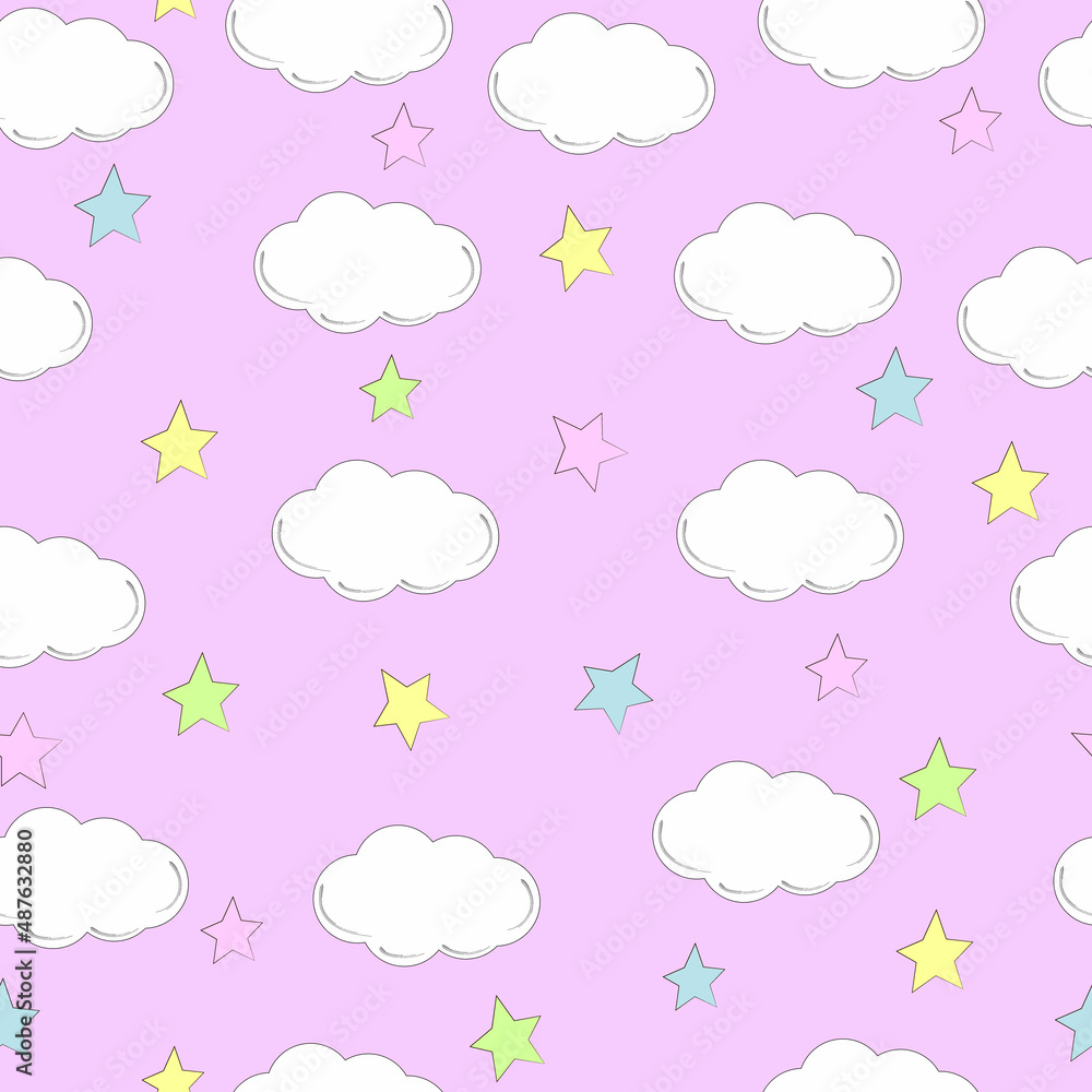 Vector clouds and stars seamless background. Cute clouds seamless background, cartoon background with star dots, vector illustration