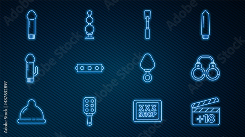 Set line Movie clapper with 18 plus content, Sexy fluffy handcuffs, Leather whip, Silicone ball gag belt, Dildo vibrator, Anal plug and beads icon. Vector