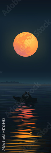 Romantic silhouette of loving couple at moonlight in a boat