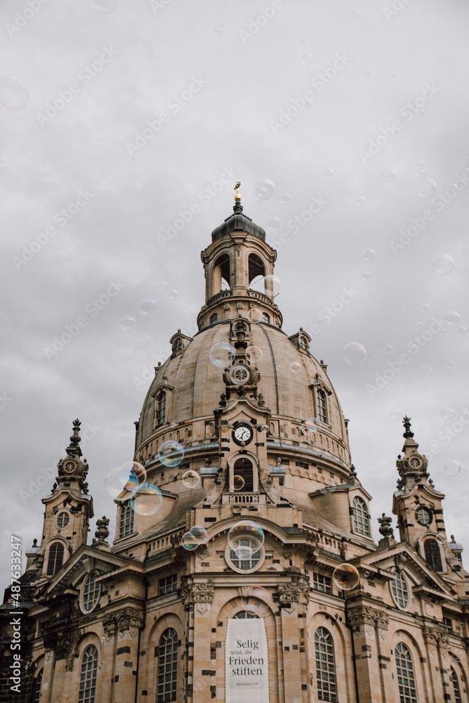 Frauenkirche, Dresden, Germany. Church of Our Lady with soap bubbles in foreground.