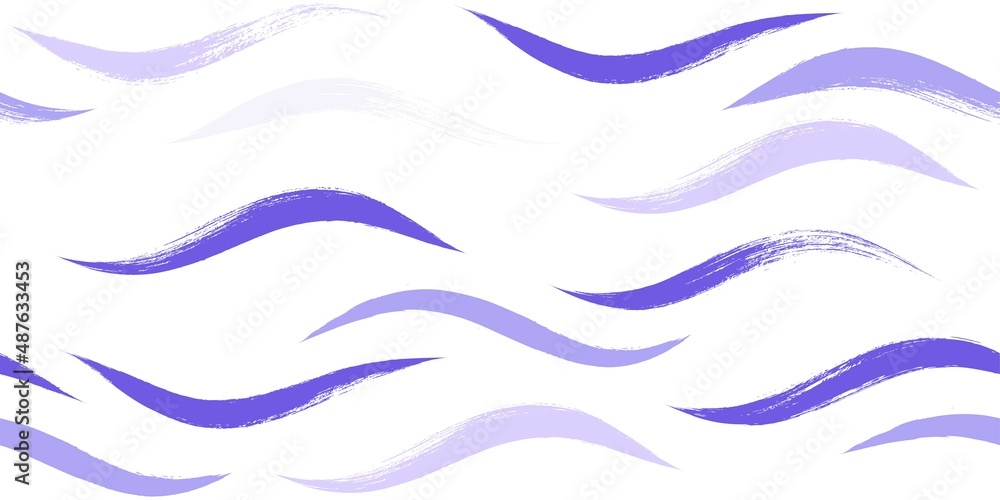 Seamless Wave Pattern, watercolor purple vector curve background. Wavy beach brush stroke, curly grunge paint lines, Hand drawn water sea illustration