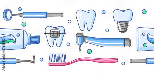 Medical seamless pattern with dental equipment icons. Dentistry and health care background.