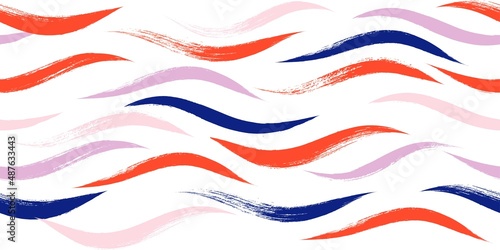 Seamless Wave Pattern, watercolor pink red vector curve background. Wavy beach brush stroke, curly grunge paint lines, Hand drawn water sea illustration