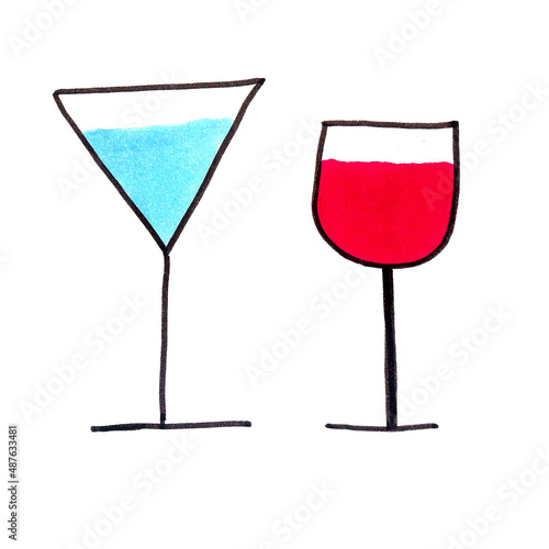 Line glasses set. Outline flat glasses and beverages icons, drink jars, wine, cocktails symbols for logo.