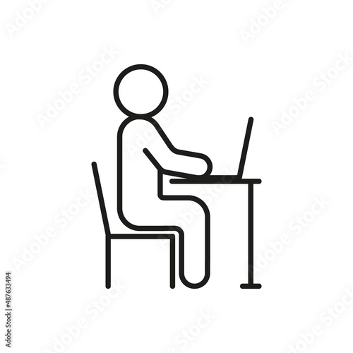Man work at computer in right posture, ergonomic workplace. Correct body position. Protect health, posture, eyesight. Vector outline illustration