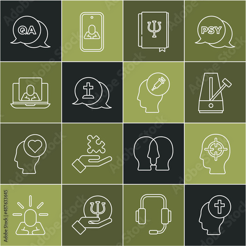 Set line Man graves funeral sorrow, Finding problem, Metronome with pendulum, Psychology book, Psi, Graves, Psychologist online, Question and Answer and Addiction to the drug icon. Vector