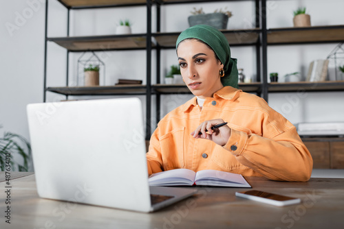muslim woman in headkerchief and orange jacket sitting with pen near blurred notebook. photo