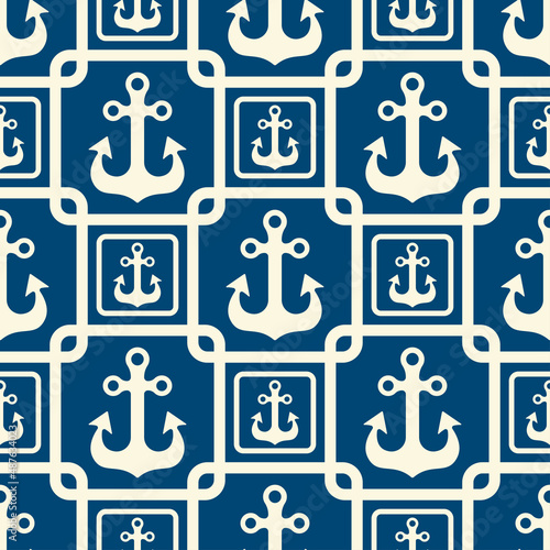 White-beige ship anchors and squares isolated on a blue background. Monochrome geometric marine seamless pattern. Vector simple flat graphic illustration. Texture.