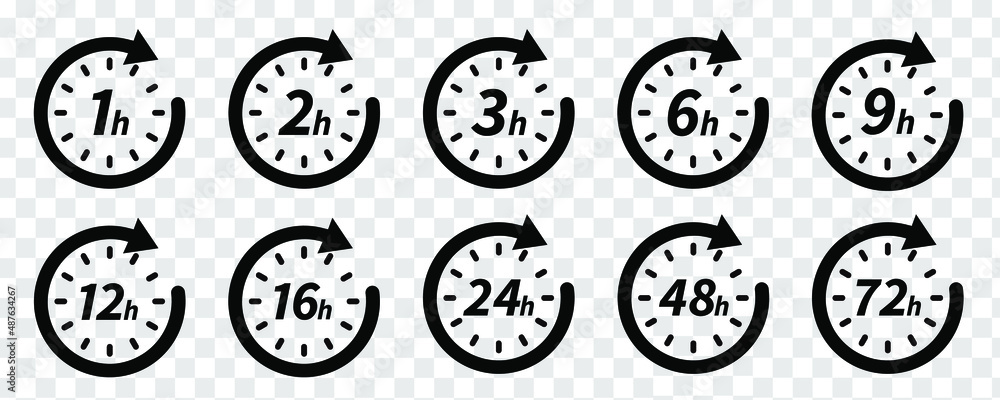Hours time icon. One hour, 24h and 72h badges. Limited offer clocks and work time. Deadline metaphor icons, timer clock or time measurement interface. Isolated sign vector set
Hours time icon. One hour, 24h and 72h badges. Limited offer clocks and work time. Deadline metaphor icons, timer clock or time measurement interface. Isolated sign vector set