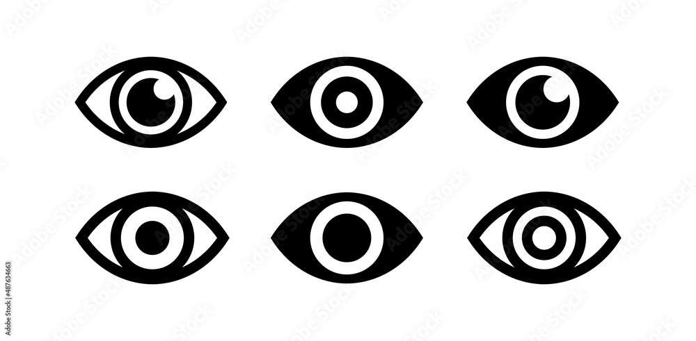 Collection of eye icons. An open eye. A view or visibility symbol. Isolated raster illustration on white background. - obrazy, fototapety, plakaty 