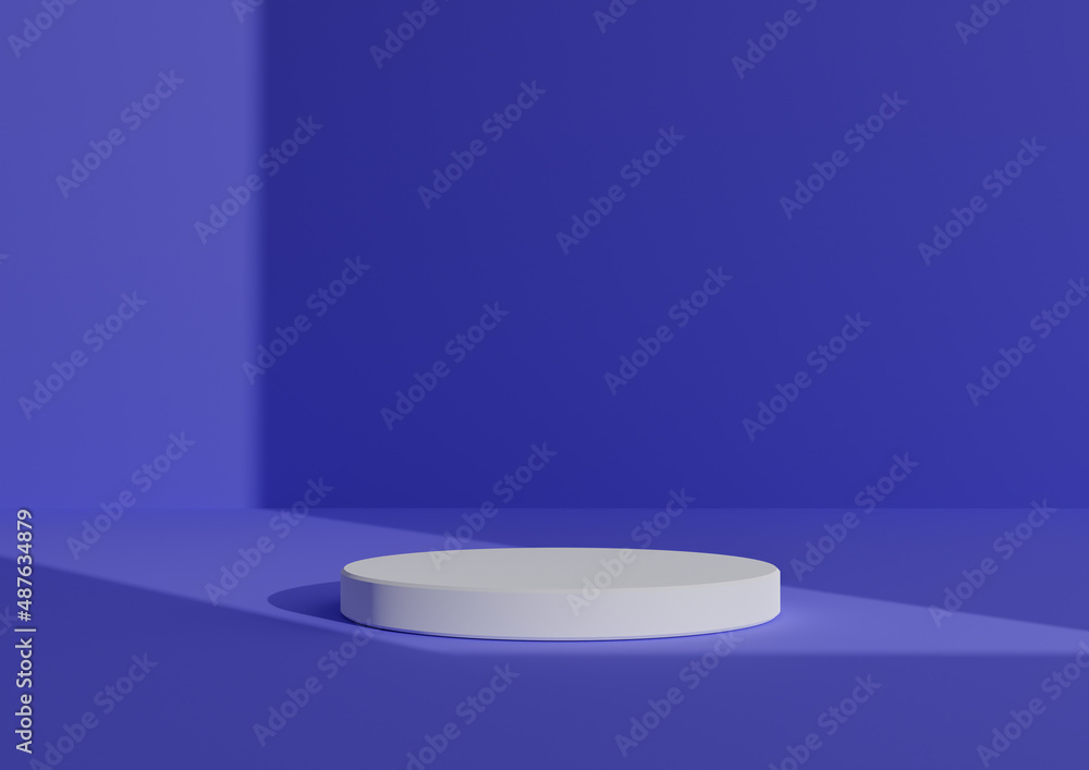 Simple, Minimal 3D Render Composition with One White Cylinder Podium or Stand on Abstract Shadow Bright Blue Background for Product Display Window Light Coming from Right Side Simple, Minimal 3D Render Composition with One White Cylinder Podium or Stand on Abstract Shadow Bright Blue Background for Product Display Window Light Coming from Right Side
