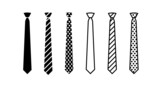 Collection of tie icons. A ceremonial wardrobe accessory. A symbol of business, politics, and official business meetings. Isolated raster illustration on white background.