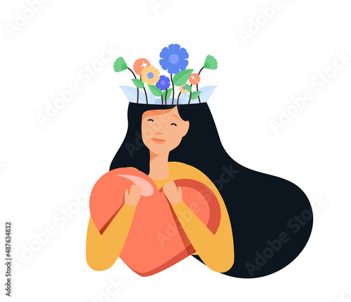 Happy woman, girl reading books. Self education, study, knowledge improvement concept. Woman pouring flowers on her head