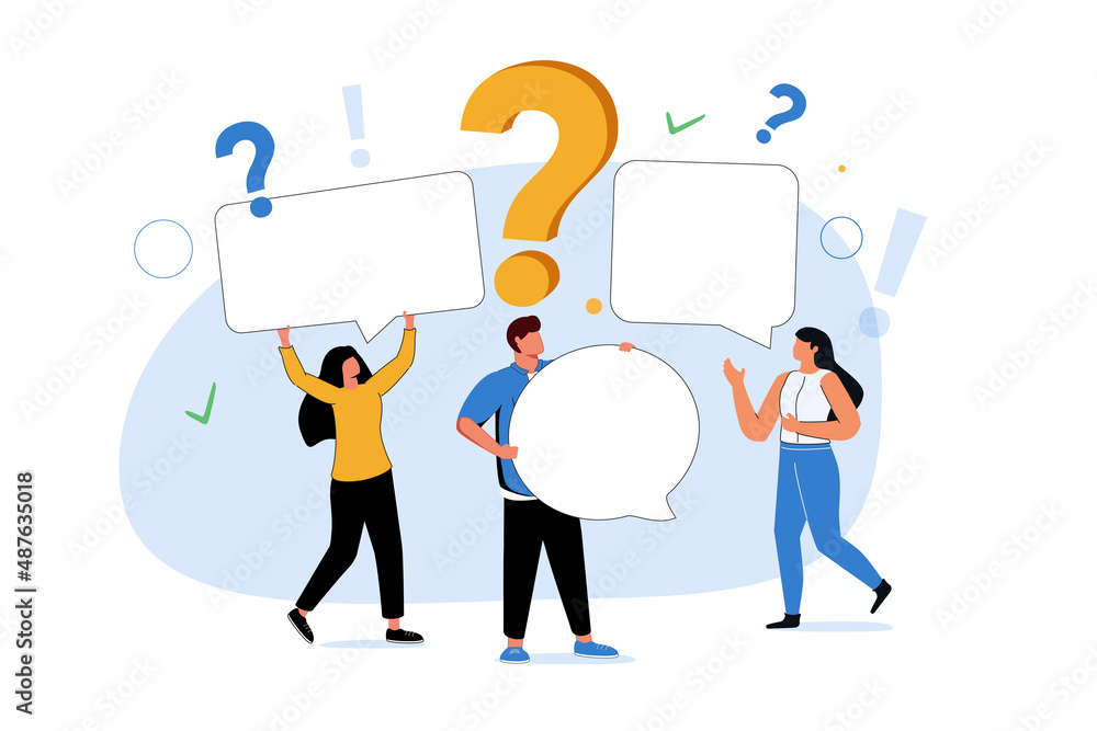 Different people holding sign a bubble question. Exclamation mark. team of happy people holding white placard with copy. Different people holding sign a bubble question. Exclamation mark. team of happy people holding white placard with copy.