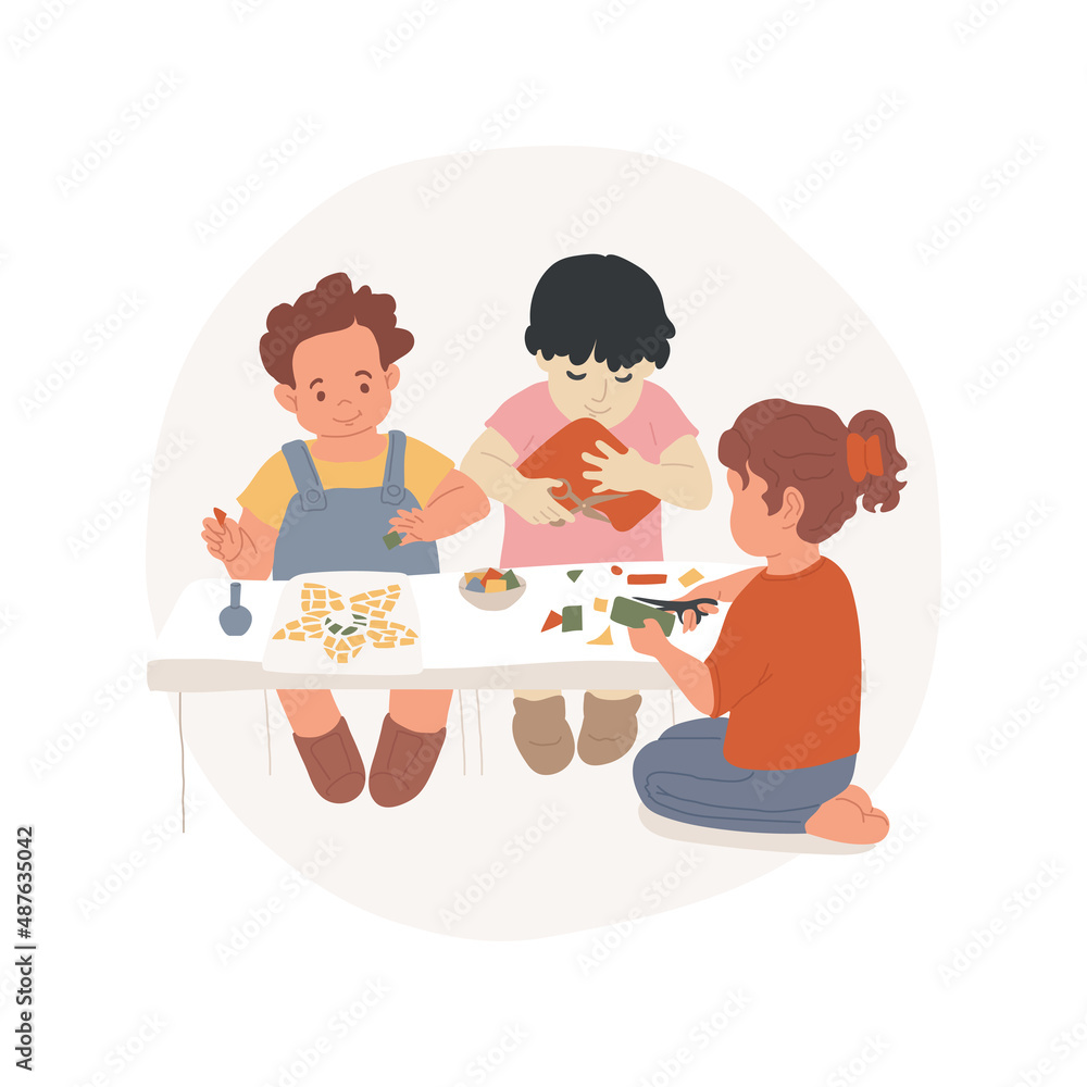Create a mosaic isolated cartoon vector illustration Children cut cardboard, use scissors, finger and hand movement, fine motor skill, kindergarten activity, early education vector cartoon. Create a mosaic isolated cartoon vector illustration Children cut cardboard, use scissors, finger and hand movement, fine motor skill, kindergarten activity, early education vector cartoon.