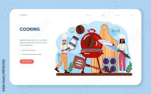 Burger house web banner or landing page. Chef cook tasty hamburger