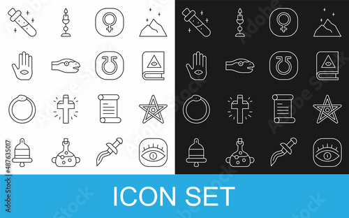 Set line Masons, Pentagram, Ancient magic book, Venus, Snake, Hamsa hand, Bottle with potion and Life icon. Vector