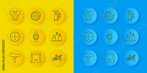 Set line Bicycle seat, sprocket crank, Smart watch, Award over sports winner podium, Cycling t-shirt, air pump and brake disc icon. Vector