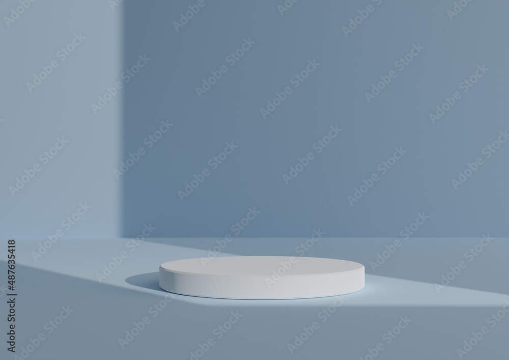 Simple, Minimal 3D Render Composition with One White Cylinder Podium or Stand on Abstract Shadow Pastel Blue Background for Product Display Window Light Coming from Right Side Simple, Minimal 3D Render Composition with One White Cylinder Podium or Stand on Abstract Shadow Pastel Blue Background for Product Display Window Light Coming from Right Side