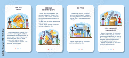 Fish and chips mobile application banner set. British deep-fried fish photo