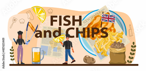Fish and chips typographic header. British deep-fried fish and chips