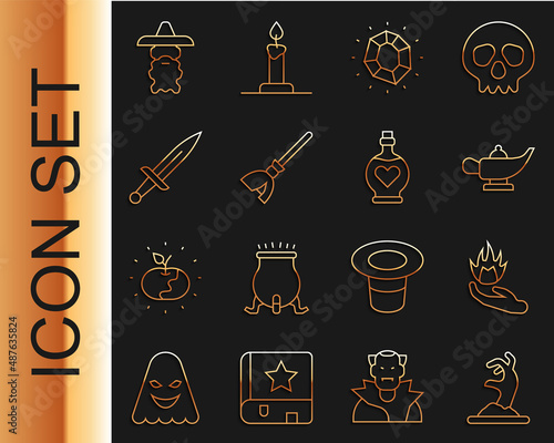 Set line Zombie hand, Hand holding fire, Magic lamp or Aladdin, stone, Witches broom, Dagger, Wizard warlock and Bottle with love potion icon. Vector