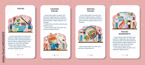 Pho bo mobile application banner set. Vietnamese soup in a bowl.