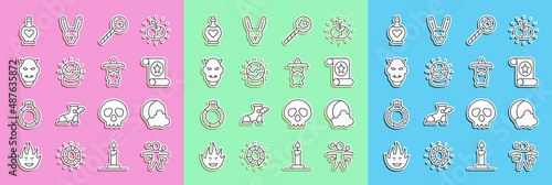 Set line Voodoo doll, Moon and stars, Magic scroll, wand, ball, Mask of the devil with horns, Bottle love potion and Wizard warlock icon. Vector