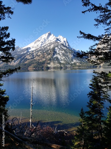 Mountain peak with lake and trees in foreground