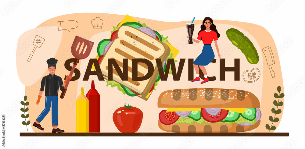 Sandwich typographic header. Variety of delicious sandwiches for breakfast Sandwich typographic header. Variety of delicious sandwiches for breakfast