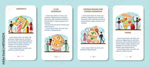 Sandwich mobile application banner set. Variety of delicious sandwiches