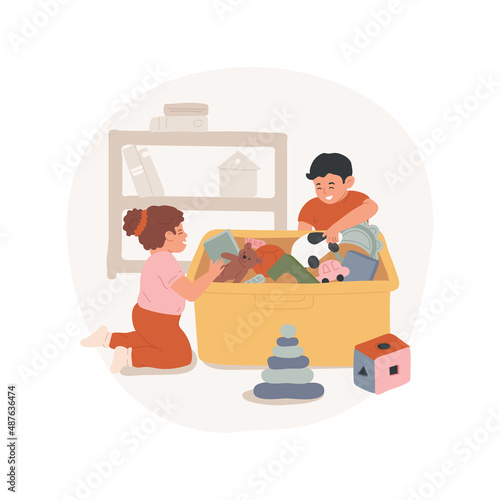 Pulling objects from a basket isolated cartoon vector illustration Baby pulling different objects out, treasure basket, grasping game, early childhood milestone, daycare center vector cartoon.