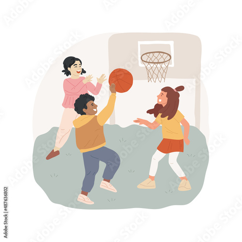 Basketball isolated cartoon vector illustration Child throwing ball in a ring, play at outdoor basketball court, sport training for elementary school students, elective class vector cartoon.