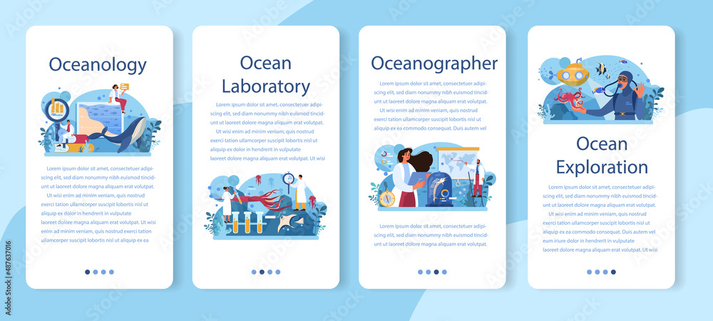 Oceanographer mobile application banner set. Oceanology scientist.