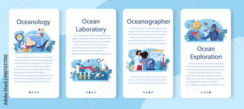 Oceanographer mobile application banner set. Oceanology scientist.