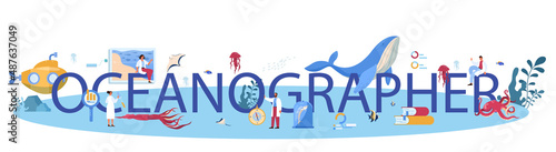 Oceanographer typographic header. Oceanology scientist. Practical studying