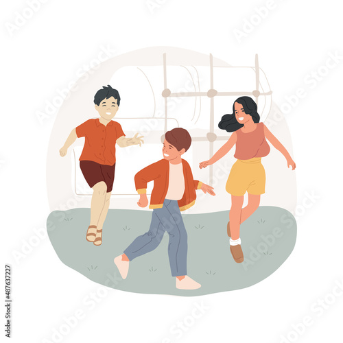 Yard games isolated cartoon vector illustration Free time in the yard, field fun for children, kids playing tag game, students run after each other, school break, playground vector cartoon.