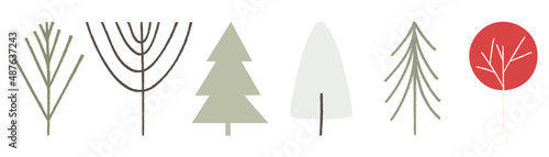 Set of bare winter trees with texture  hand drawn flat vector illustration isolated on white background. Collection of scandinavian and nordic nature elements  forest concept.